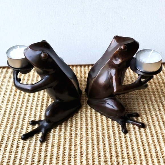 Restoration Hardware Bronze Metal Frog Candleholders Bookends Heavy Ser of 2 - Picture 7 of 12